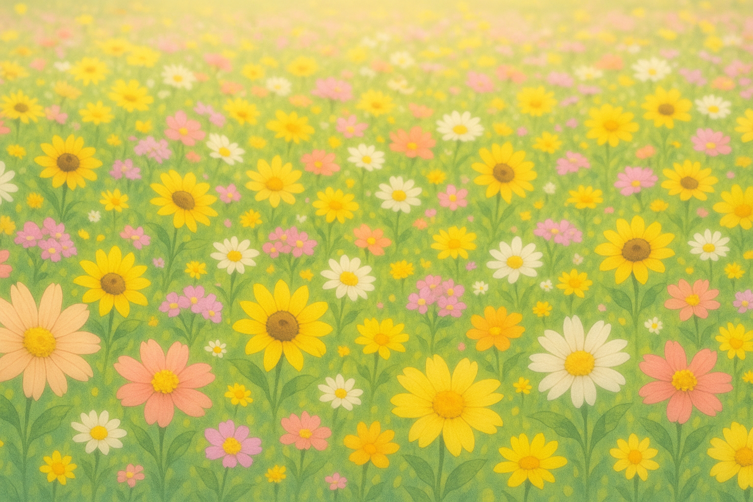 黄色やオレンジ色の明るい花に包まれた優しい世界