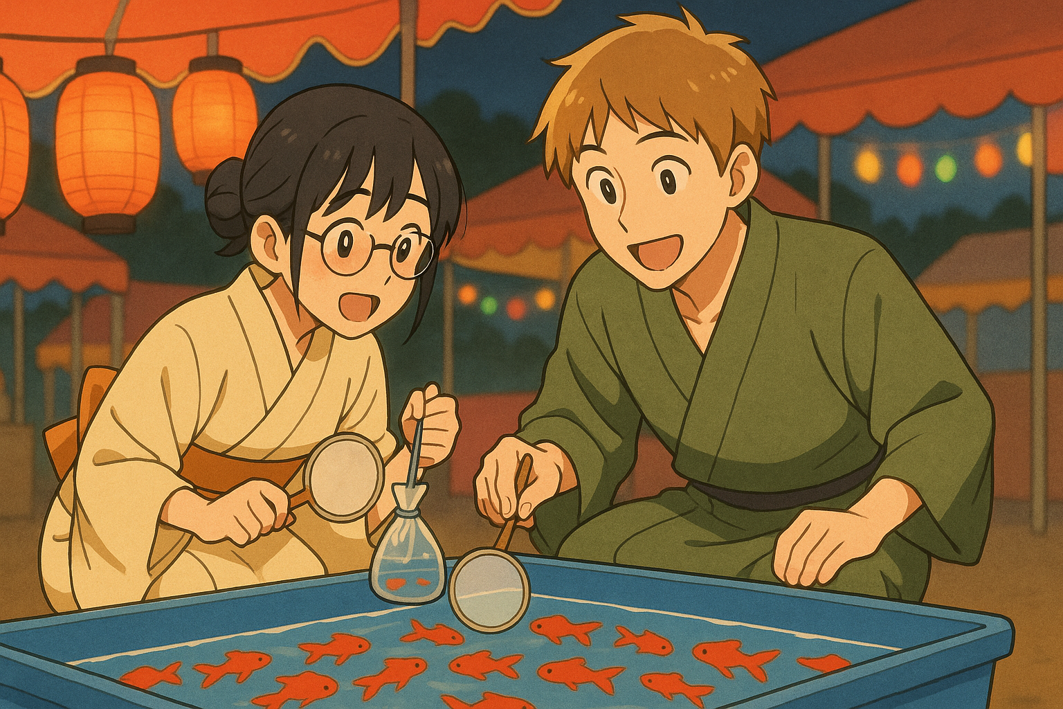 控えめながらも、夏祭りを堪能する花と上野君