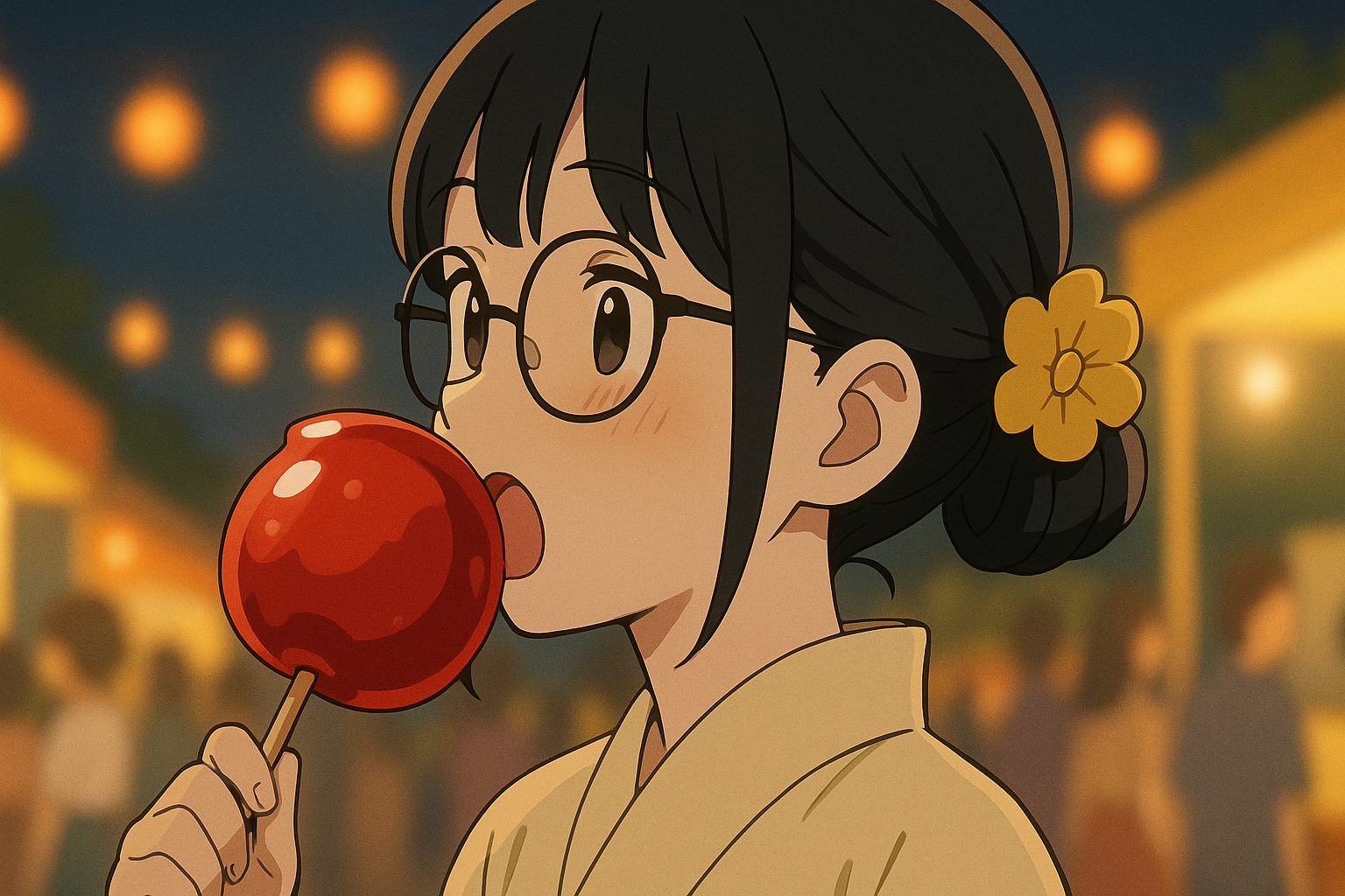赤いりんご飴をほおばる花